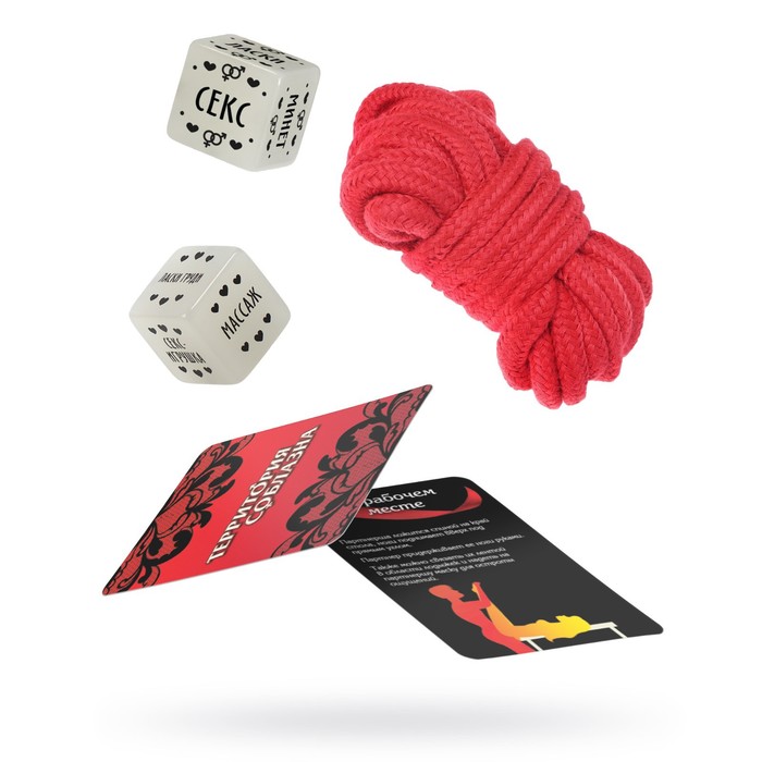 Верёвка и кубики в наборе для двоих «Территория соблазна», 3 в 1 (10 карт, верёвка, 2 неоновых кубик